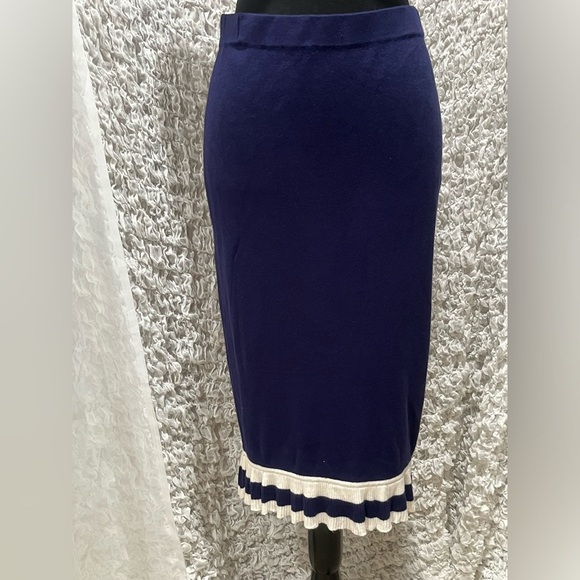 Spiegel Dresses & Skirts - Spiegel NAVY Blue Knit WHITE RUFFLE HEM, VINTAGE PENCIL SKIRT SIZE M: